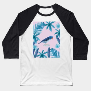 Blue Pacific Parrotlet with tropical leaves and violet background Baseball T-Shirt